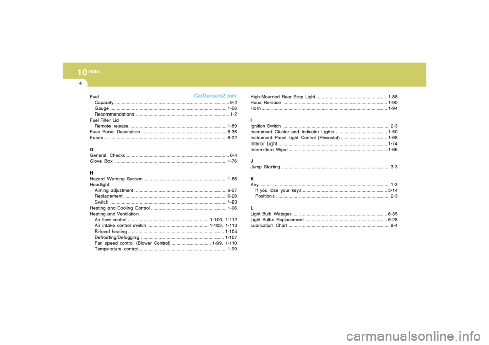 Hyundai Sonata 10
INDEX
4
Fuel
Capacity.......................................................................................... 9-2
Gauge............................................................................