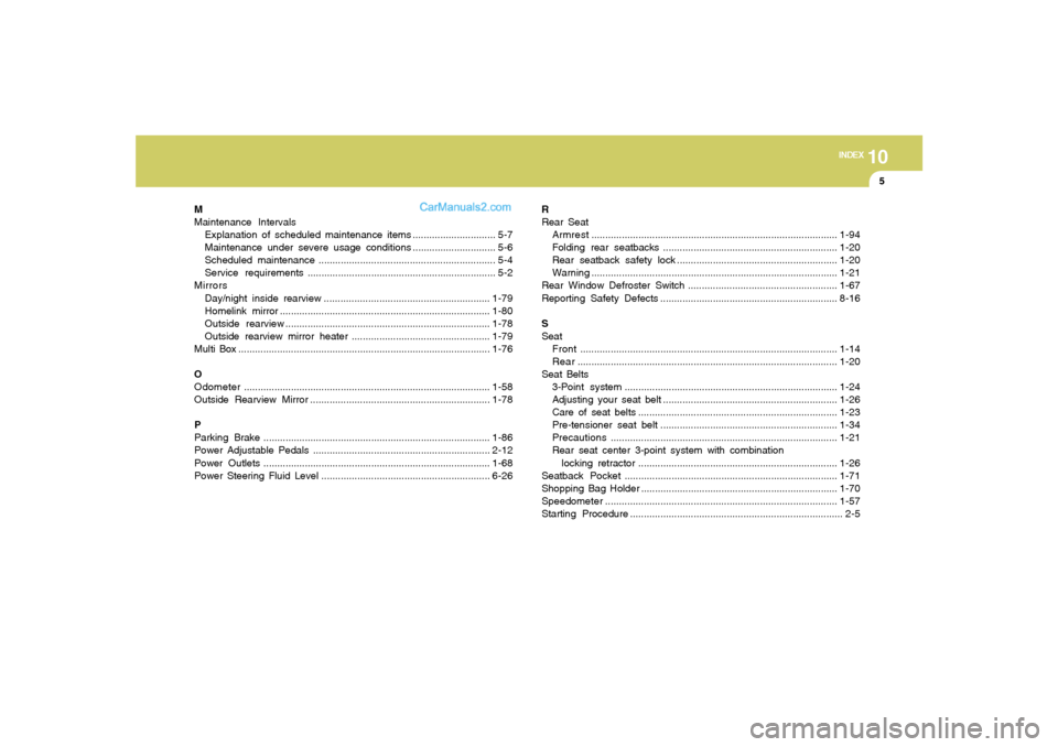 Hyundai Sonata 10
INDEX
5
M
Maintenance Intervals
Explanation of scheduled maintenance items .............................. 5-7
Maintenance under severe usage conditions.............................. 5-6
Scheduled m