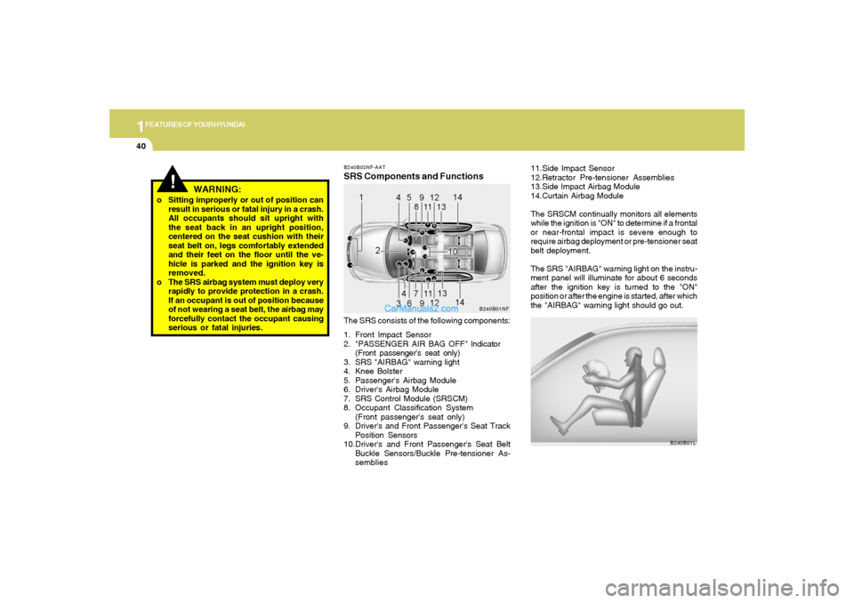 Hyundai Sonata 1FEATURES OF YOUR HYUNDAI40
11.Side Impact Sensor
12.Retractor Pre-tensioner Assemblies
13.Side Impact Airbag Module
14.Curtain Airbag Module
The SRSCM continually monitors all elements
while the igni