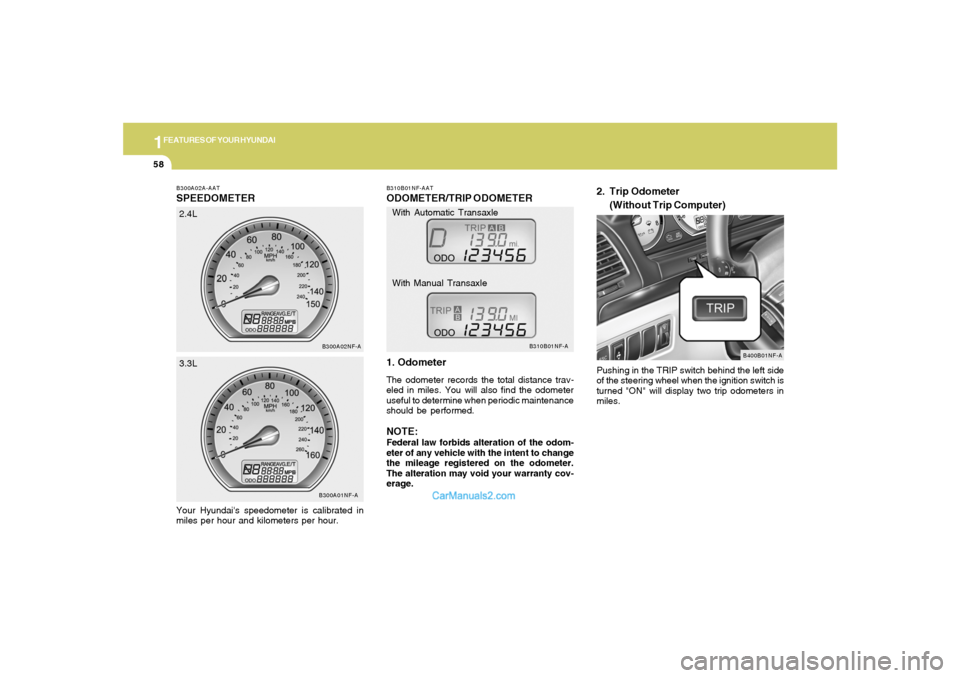 Hyundai Sonata 1FEATURES OF YOUR HYUNDAI58
B300A02A-AATSPEEDOMETERYour Hyundais speedometer is calibrated in
miles per hour and kilometers per hour.
B300A01NF-AB300A02NF-A
2.4L
3.3L
B310B01NF-AATODOMETER/TRIP ODOME