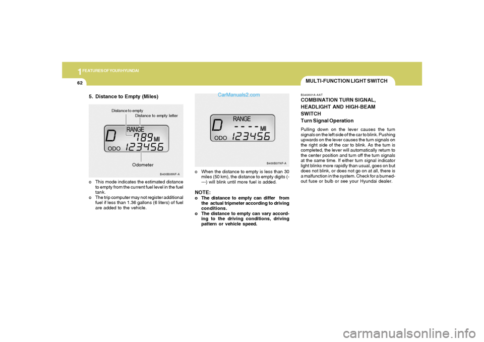 Hyundai Sonata 1FEATURES OF YOUR HYUNDAI62
MULTI-FUNCTION LIGHT SWITCHB340A01A-AATCOMBINATION TURN SIGNAL,
HEADLIGHT AND HIGH-BEAM
SWITCH
Turn Signal OperationPulling down on the lever causes the turn
signals on the