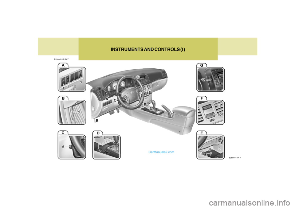 Hyundai Sonata INSTRUMENTS AND CONTROLS (I)
B250A01NF-AAT
B250A01NF-A
nfhma-0.p659/16/2005, 10:39 AM 10  