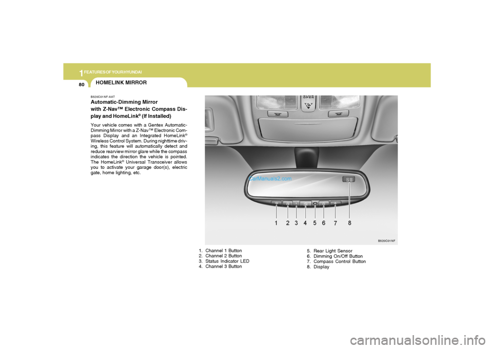 Hyundai Sonata 1FEATURES OF YOUR HYUNDAI80
HOMELINK MIRRORB520C01NF-AATAutomatic-Dimming Mirror
with Z-Nav™ Electronic Compass Dis-
play and HomeLink
® (If Installed)
Your vehicle comes with a Gentex Automatic-
D