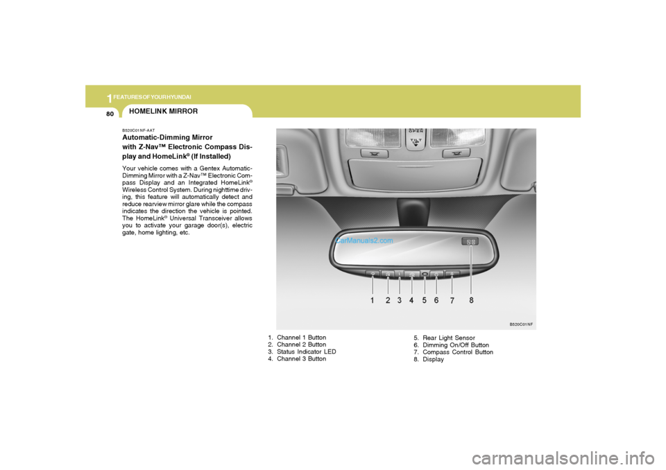 Hyundai Sonata 1FEATURES OF YOUR HYUNDAI80
HOMELINK MIRRORB520C01NF-AATAutomatic-Dimming Mirror
with Z-Nav™ Electronic Compass Dis-
play and HomeLink
® (If Installed)
Your vehicle comes with a Gentex Automatic-
D Hyundai Sonata 1FEATURES OF YOUR HYUNDAI80
HOMELINK MIRRORB520C01NF-AATAutomatic-Dimming Mirror
with Z-Nav™ Electronic Compass Dis-
play and HomeLink
® (If Installed)
Your vehicle comes with a Gentex Automatic-
D