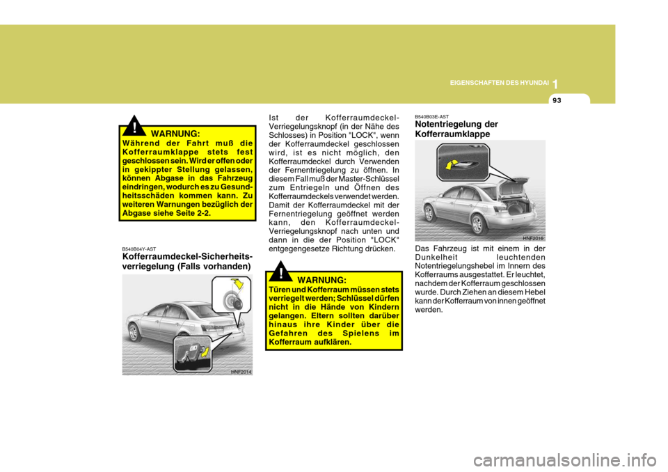 Hyundai Sonata 2006 Betriebsanleitung (in German) 1
EIGENSCHAFTEN DES HYUNDAI
93
!
!
HNF2016
B540B03E-AST Notentriegelung der Kofferraumklappe Das Fahrzeug ist mit einem in der Dunkelheit leuchtenden Notentriegelungshebel im Innern des Kofferraums au Hyundai Sonata 2006 Betriebsanleitung (in German) 1
EIGENSCHAFTEN DES HYUNDAI
93
!
!
HNF2016
B540B03E-AST Notentriegelung der Kofferraumklappe Das Fahrzeug ist mit einem in der Dunkelheit leuchtenden Notentriegelungshebel im Innern des Kofferraums au
