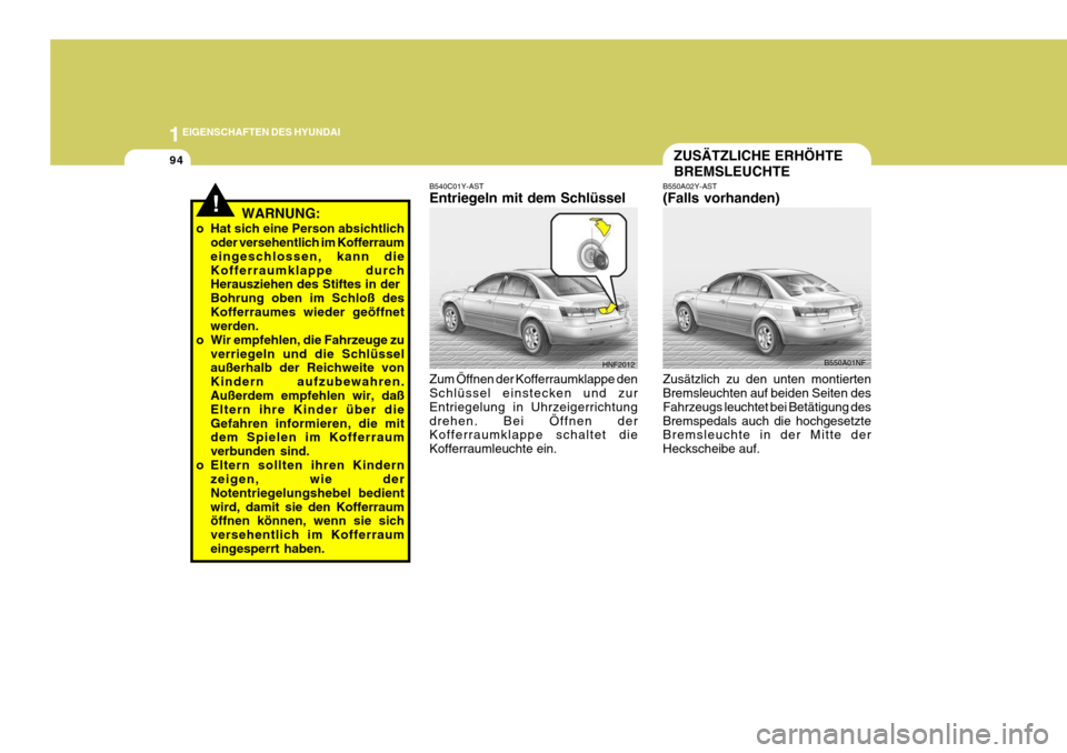 Hyundai Sonata 1EIGENSCHAFTEN DES HYUNDAI
94
HNF2012
B540C01Y-AST Entriegeln mit dem Schlüssel Zum Öffnen der Kofferraumklappe den Schlüssel einstecken und zur Entriegelung in Uhrzeigerrichtungdrehen. Bei Öffnen