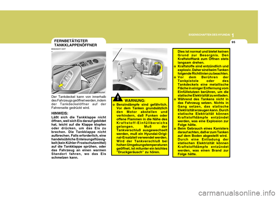 Hyundai Sonata 2006 Betriebsanleitung (in German) 1
EIGENSCHAFTEN DES HYUNDAI
95
!
Dies ist normal und bietet keinen Grund zur Besorgnis. DenKraftstofftank zum Öffnen stets langsam drehen.
o Kraftstoffe sind entzündlich und
explosiv. Daher sind bei Hyundai Sonata 2006 Betriebsanleitung (in German) 1
EIGENSCHAFTEN DES HYUNDAI
95
!
Dies ist normal und bietet keinen Grund zur Besorgnis. DenKraftstofftank zum Öffnen stets langsam drehen.
o Kraftstoffe sind entzündlich und
explosiv. Daher sind bei