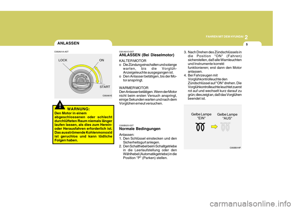 Hyundai Sonata 2006  Betriebsanleitung (in German) 2
FAHREN MIT DEM HYUNDAI
5
!
C051A01O-GST ANLASSEN (Bei Dieselmotor) KALTER MOTOR 
o Die Zündung einschalten und solange
warten, bis die Vorglüh- Anzeigeleuchte ausgegangen ist.
o Den Anlasser betä