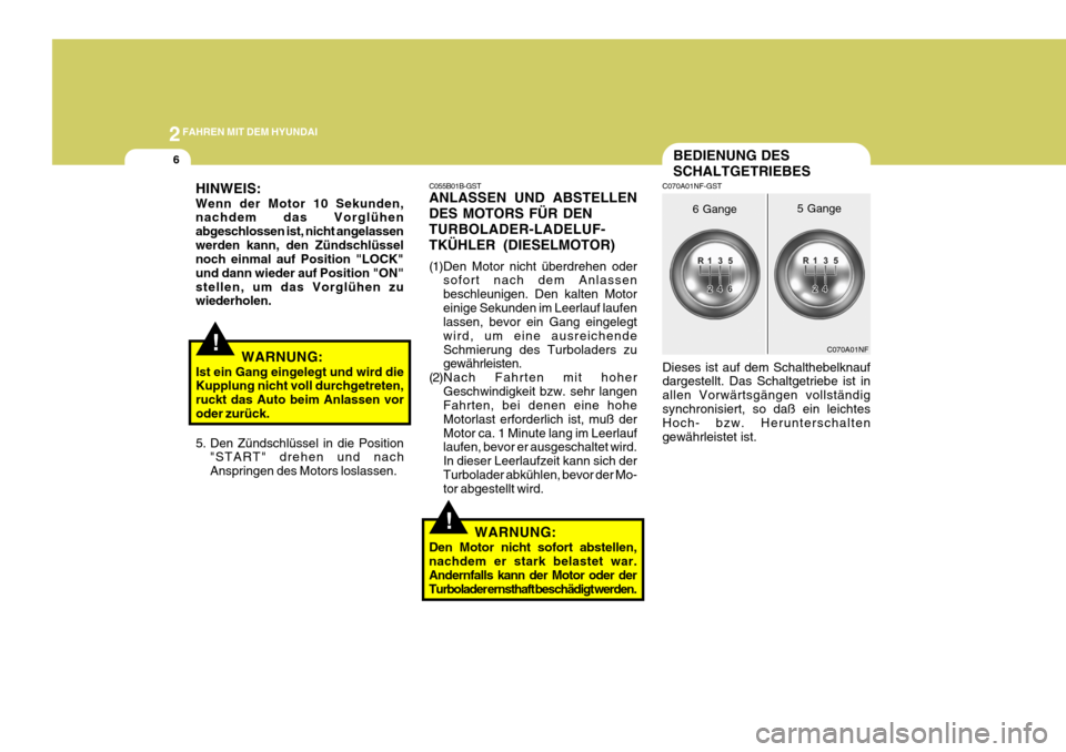 Hyundai Sonata 2006  Betriebsanleitung (in German) 2FAHREN MIT DEM HYUNDAI
6BEDIENUNG DES SCHALTGETRIEBES
C070A01NF-GST
Dieses ist auf dem Schalthebelknauf dargestellt. Das Schaltgetriebe ist in allen Vorwärtsgängen vollständigsynchronisiert, so da