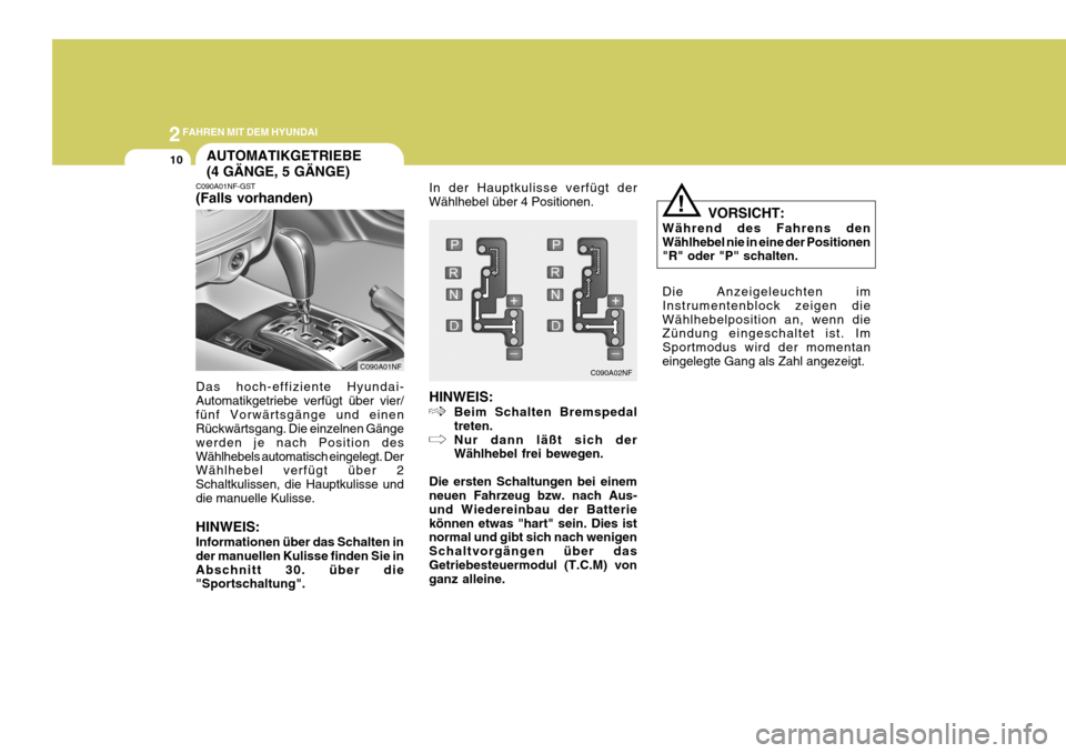 Hyundai Sonata 2006  Betriebsanleitung (in German) 2FAHREN MIT DEM HYUNDAI
10
C090A01NF-GST (Falls vorhanden) Das hoch-effiziente Hyundai- Automatikgetriebe verfügt über vier/fünf Vorwärtsgänge und einen Rückwärtsgang. Die einzelnen Gänge werd