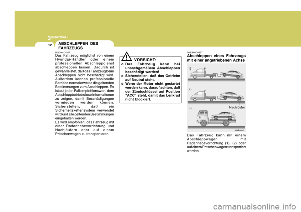Hyundai Sonata 2006  Betriebsanleitung (in German) 3IM NOTFALL
12
D080B01O-GST Abschleppen eines Fahrzeugs mit einer angetriebenen Achse Das Fahrzeug kann mit einem Abschleppwagen mitRadanhebevorrichtung (1), (2) oder auf einem Pritschenwagen transpor