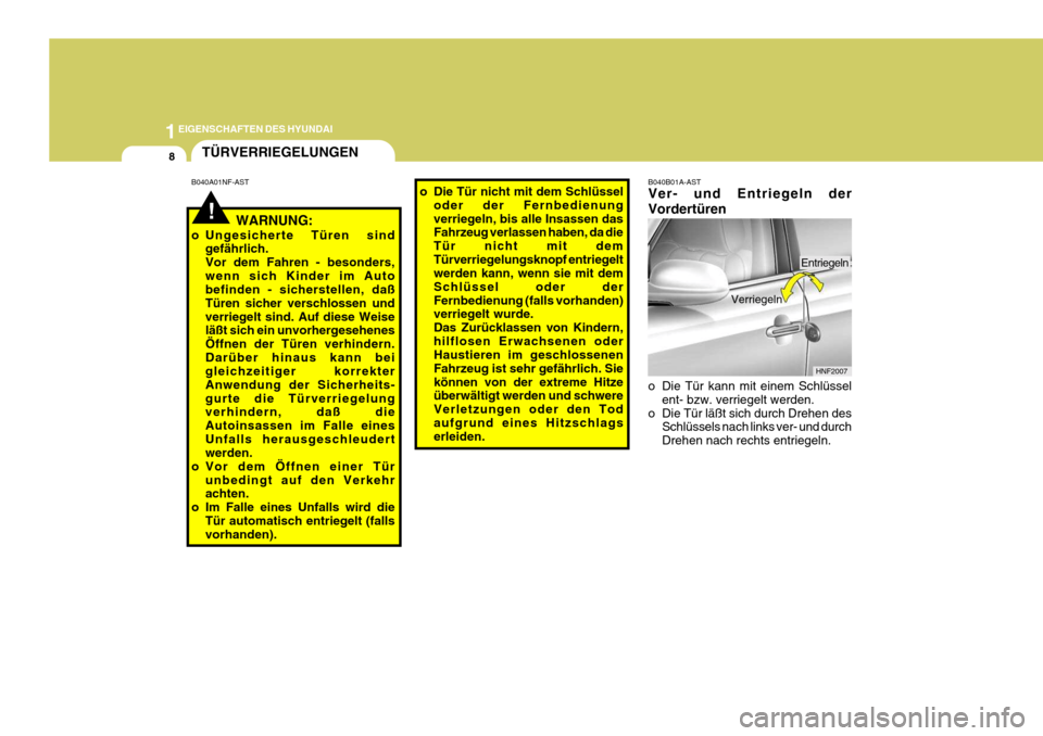 Hyundai Sonata 2006  Betriebsanleitung (in German) 1EIGENSCHAFTEN DES HYUNDAI
8
!
B040B01A-AST Ver- und Entriegeln der Vordertüren 
o Die Tür kann mit einem Schlüssel
ent- bzw. verriegelt werden.
o Die Tür läßt sich durch Drehen des Schlüssels 