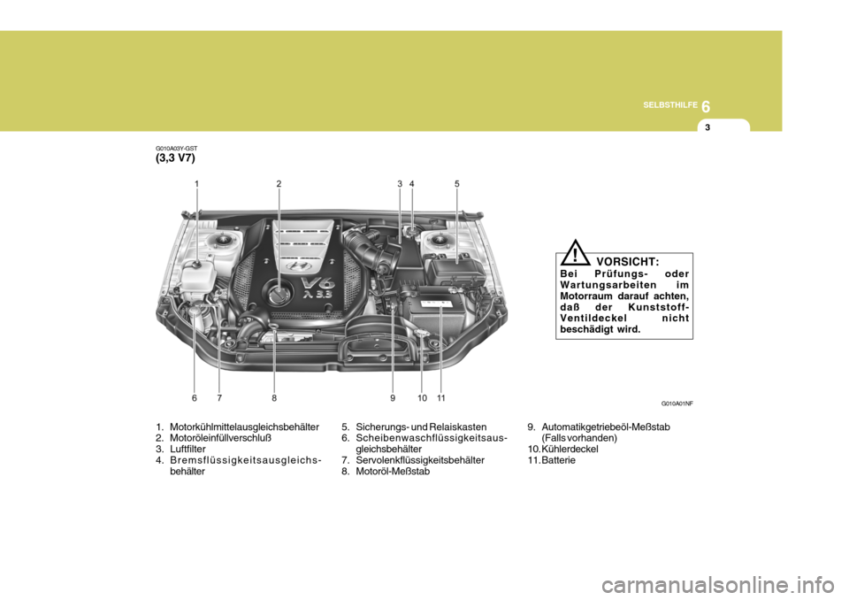 Hyundai Sonata 2006 Betriebsanleitung (in German) 6
SELBSTHILFE
3
G010A01NF
G010A03Y-GST (3,3 V7)
5. Sicherungs- und Relaiskasten
6. Scheibenwaschflüssigkeitsaus-gleichsbehälter
7. Servolenkflüssigkeitsbehälter
8. Motoröl-Meßstab
1. Motorkühl Hyundai Sonata 2006 Betriebsanleitung (in German) 6
SELBSTHILFE
3
G010A01NF
G010A03Y-GST (3,3 V7)
5. Sicherungs- und Relaiskasten
6. Scheibenwaschflüssigkeitsaus-gleichsbehälter
7. Servolenkflüssigkeitsbehälter
8. Motoröl-Meßstab
1. Motorkühl