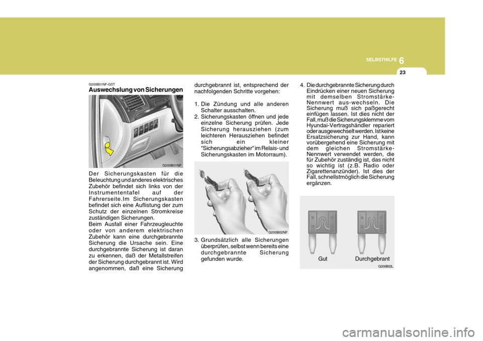 Hyundai Sonata 2006  Betriebsanleitung (in German) 6
SELBSTHILFE
23
4. Die durchgebrannte Sicherung durch Eindrücken einer neuen Sicherung mit demselben Stromstärke- Nennwert aus-wechseln. DieSicherung muß sich paßgerecht einfügen lassen. Ist die