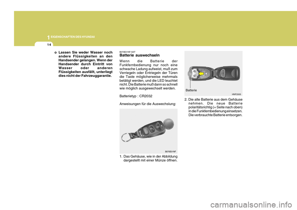 Hyundai Sonata 2006  Betriebsanleitung (in German) 1EIGENSCHAFTEN DES HYUNDAI
14
HNF2005
Batterie
2. Die alte Batterie aus dem Gehäuse nehmen. Die neue Batterie polaritätsrichtig (+ Seite nach oben) in die Funkfernbedienung einsetzen. Die verbraucht