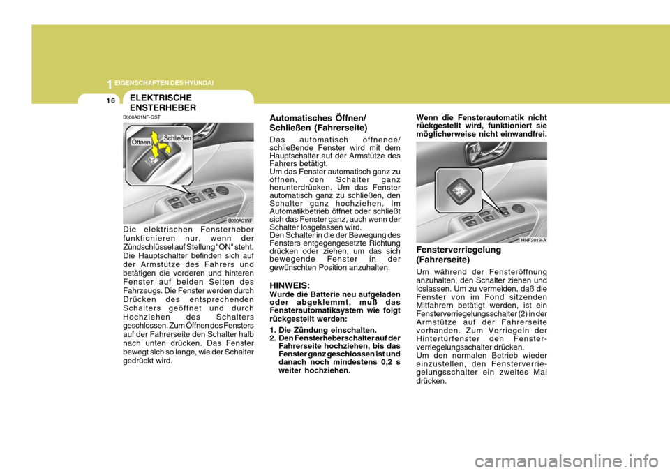 Hyundai Sonata 2006  Betriebsanleitung (in German) 1EIGENSCHAFTEN DES HYUNDAI
16ELEKTRISCHE ENSTERHEBER
B060A01NF-GST Die elektrischen Fensterheber funktionieren nur, wenn der Zündschlüssel auf Stellung "ON" steht. Die Hauptschalter befinden sich au