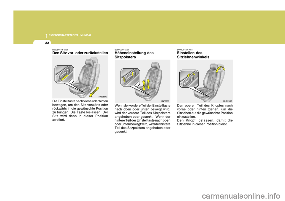 Hyundai Sonata 2006  Betriebsanleitung (in German) 1EIGENSCHAFTEN DES HYUNDAI
22
B090D01NF-AST Einstellen des Sitzlehnenwinkels Den oberen Teil des Knopfes nach vorne oder hinten ziehen, um die Sitzlehen auf die gewünschte Positioneinzustellen. Den K