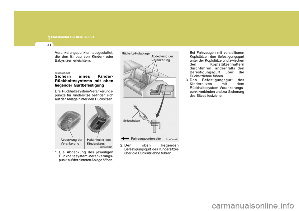 Hyundai Sonata 2006  Betriebsanleitung (in German) 1EIGENSCHAFTEN DES HYUNDAI
34
B230C02NF
2. Den oben liegenden
Befestigungsgurt des Kindersitzes über die Rücksitzlehne führen.
B230C03A-GST Sichern eines Kinder- Rückhaltesystems mit obenliegender
