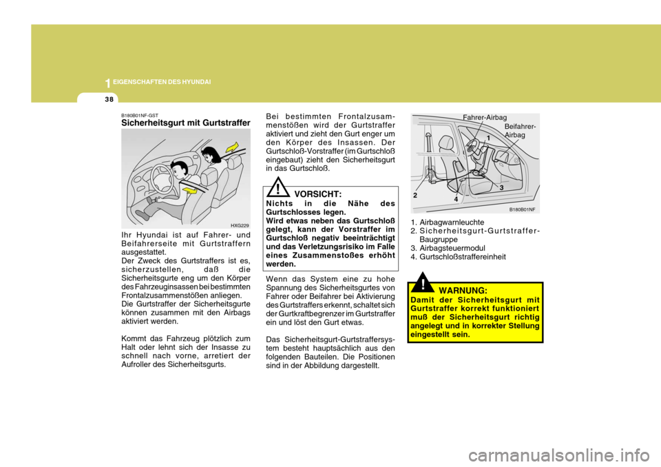 Hyundai Sonata 1EIGENSCHAFTEN DES HYUNDAI
38
!
1. Airbagwarnleuchte 
2. Sicherheitsgurt-Gurtstraffer-
Baugruppe
3. Airbagsteuermodul 
4. Gurtschloßstraffereinheit B180B01NF
1
2
3
Fahrer-Airbag
Beifahrer- Airbag
WAR
