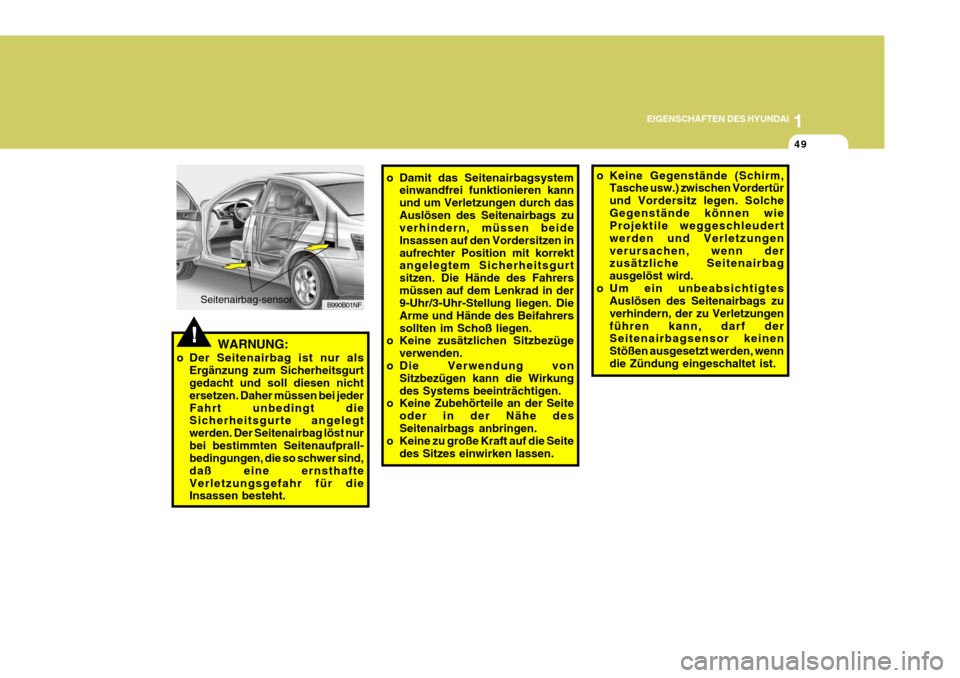 Hyundai Sonata 2006 Betriebsanleitung (in German) 1
EIGENSCHAFTEN DES HYUNDAI
49
!
o Keine Gegenstände (Schirm,
Tasche usw.) zwischen Vordertür und Vordersitz legen. SolcheGegenstände können wie Projektile weggeschleudert werden und Verletzungenv Hyundai Sonata 2006 Betriebsanleitung (in German) 1
EIGENSCHAFTEN DES HYUNDAI
49
!
o Keine Gegenstände (Schirm,
Tasche usw.) zwischen Vordertür und Vordersitz legen. SolcheGegenstände können wie Projektile weggeschleudert werden und Verletzungenv