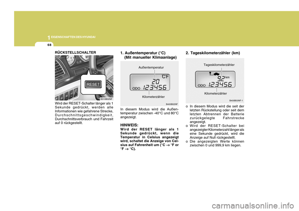 Hyundai Sonata 2006  Betriebsanleitung (in German) 1EIGENSCHAFTEN DES HYUNDAI
68
1. Außentemperatur (°C)
(Mit manueller Klimaanlage)
In diesem Modus wird die Außen- temperatur zwischen -40°C und 80°Cangezeigt. HINWEIS: Wird der RESET länger als 