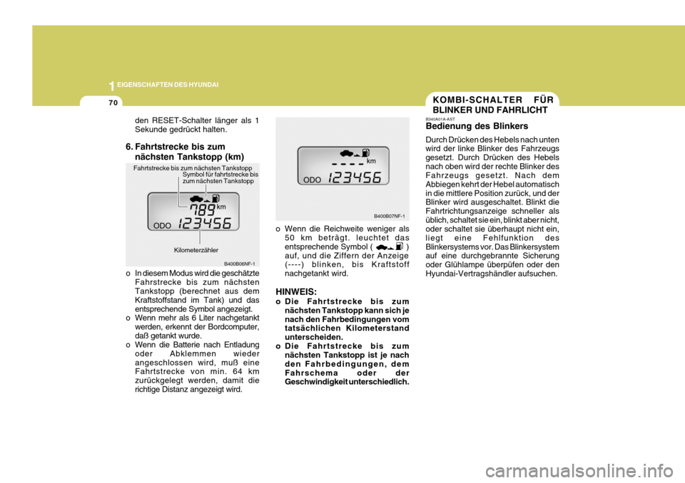 Hyundai Sonata 2006  Betriebsanleitung (in German) 1EIGENSCHAFTEN DES HYUNDAI
70
o Wenn die Reichweite weniger als
50 km beträgt. leuchtet das entsprechende Symbol (               )auf, und die Ziffern der Anzeige (----) blinken, bis Kraftstoff nachg