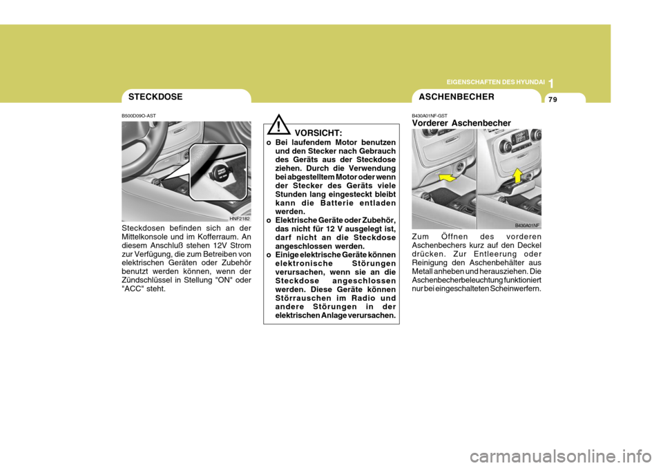 Hyundai Sonata 2006  Betriebsanleitung (in German) 1
EIGENSCHAFTEN DES HYUNDAI
79STECKDOSE
!
B500D09O-AST Steckdosen befinden sich an der Mittelkonsole und im Kofferraum. An diesem Anschluß stehen 12V Stromzur Verfügung, die zum Betreiben von elektr
