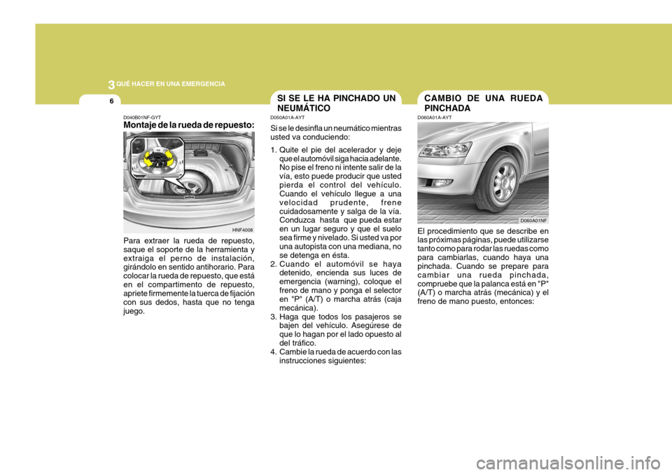 Hyundai Sonata 2006  Manual del propietario (in Spanish) 3QUÉ HACER EN UNA EMERGENCIA
6SI SE LE HA PINCHADO UN NEUMÁTICO
D050A01A-AYT Si se le desinfla un neumático mientras usted va conduciendo: 
1. Quite el pie del acelerador y deje
que el automóvil s
