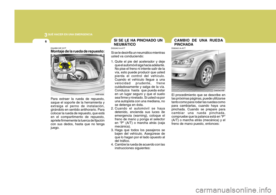Hyundai Sonata 2006 Manual del propietario (in Spanish) 3QUÉ HACER EN UNA EMERGENCIA
6SI SE LE HA PINCHADO UN NEUMÁTICO
D050A01A-AYT Si se le desinfla un neumático mientras usted va conduciendo:
1. Quite el pie del acelerador y deje
que el automóvil s Hyundai Sonata 2006 Manual del propietario (in Spanish) 3QUÉ HACER EN UNA EMERGENCIA
6SI SE LE HA PINCHADO UN NEUMÁTICO
D050A01A-AYT Si se le desinfla un neumático mientras usted va conduciendo:
1. Quite el pie del acelerador y deje
que el automóvil s
