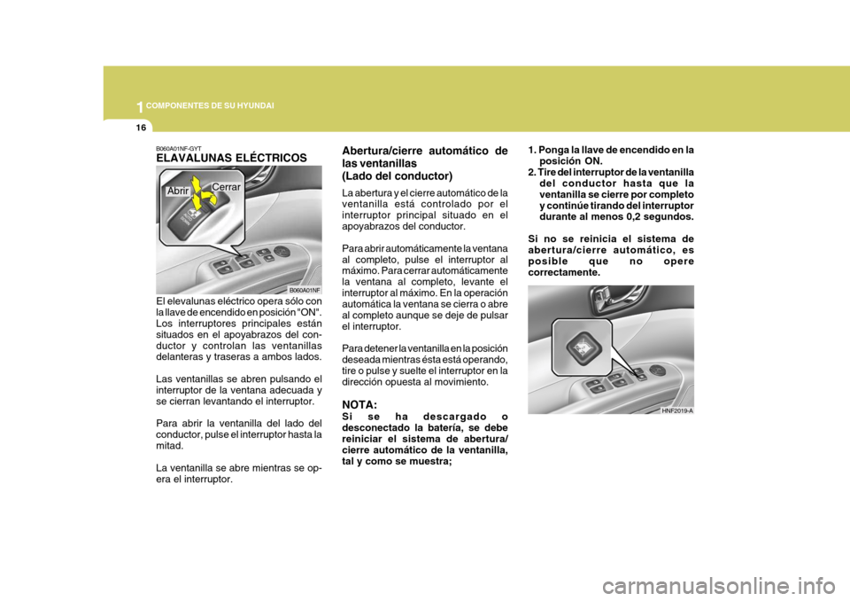 Hyundai Sonata 2006 Manual del propietario (in Spanish) 1COMPONENTES DE SU HYUNDAI
16
B060A01NF-GYT ELAVALUNAS ELÉCTRICOS El elevalunas eléctrico opera sólo con la llave de encendido en posición "ON". Los interruptores principales están situados en el Hyundai Sonata 2006 Manual del propietario (in Spanish) 1COMPONENTES DE SU HYUNDAI
16
B060A01NF-GYT ELAVALUNAS ELÉCTRICOS El elevalunas eléctrico opera sólo con la llave de encendido en posición "ON". Los interruptores principales están situados en el