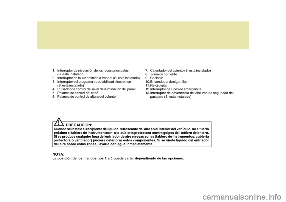 Hyundai Sonata 2006  Manual del propietario (in Spanish) 1. Interruptor de nivelación de los focos principales(Si está instalado)
2. Interruptor de la luz antiniebla trasera (Si está instalado) 
3. Interruptor del programa de estabilidad electrónico (Si