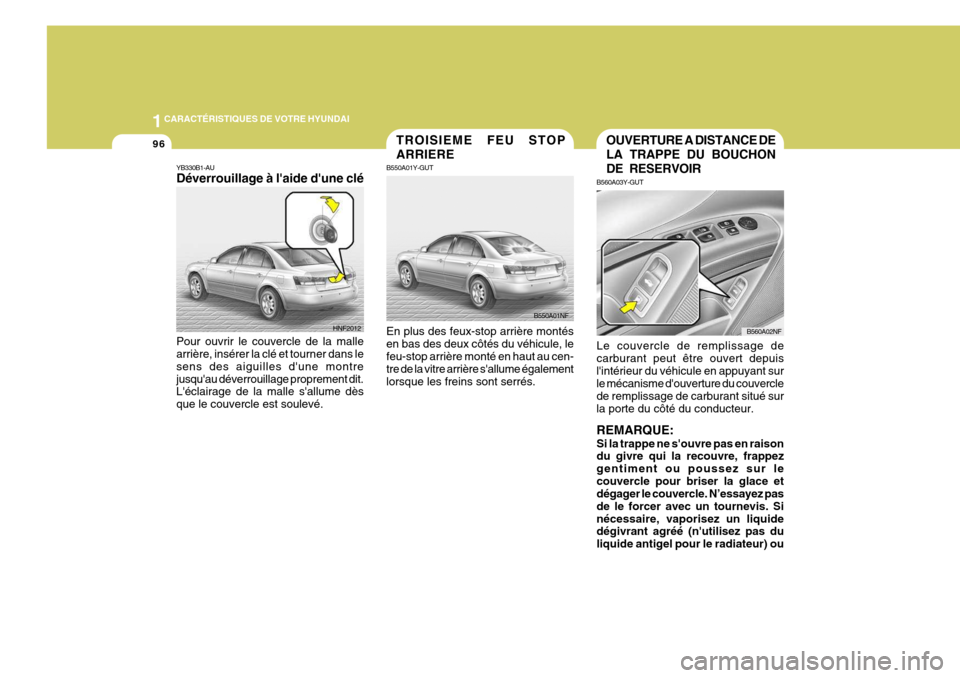Hyundai Sonata 1CARACTÉRISTIQUES DE VOTRE HYUNDAI
96OUVERTURE A DISTANCE DE LA TRAPPE DU BOUCHONDE RESERVOIR
B560A03Y-GUT Le couvercle de remplissage de carburant peut être ouvert depuislintérieur du véhicule e Hyundai Sonata 1CARACTÉRISTIQUES DE VOTRE HYUNDAI
96OUVERTURE A DISTANCE DE LA TRAPPE DU BOUCHONDE RESERVOIR
B560A03Y-GUT Le couvercle de remplissage de carburant peut être ouvert depuislintérieur du véhicule e