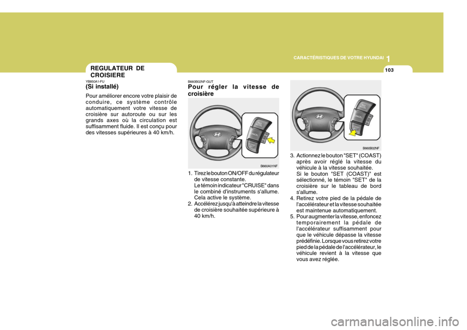 Hyundai Sonata 2006  Manuel du propriétaire (in French) 1
CARACTÉRISTIQUES DE VOTRE HYUNDAI
103
B660B02NF-GUT Pour régler la vitesse de croisière 
1. Tirez le bouton ON/OFF du régulateur
de vitesse constante. Le témoin indicateur "CRUISE" dansle combi