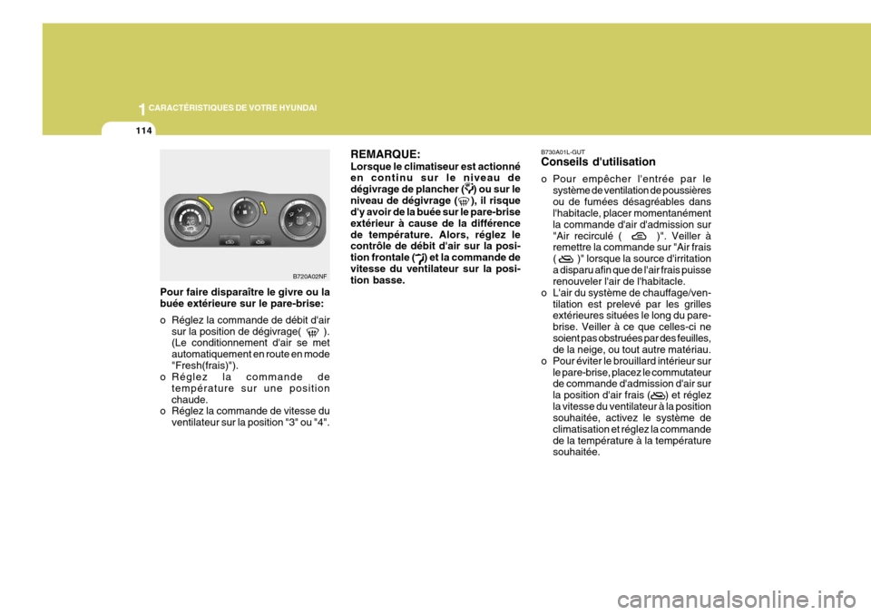 Hyundai Sonata 2006  Manuel du propriétaire (in French) 1CARACTÉRISTIQUES DE VOTRE HYUNDAI
114
REMARQUE: Lorsque le climatiseur est actionné en continu sur le niveau de dégivrage de plancher (    ) ou sur leniveau de dégivrage (    ), il risque dy avo