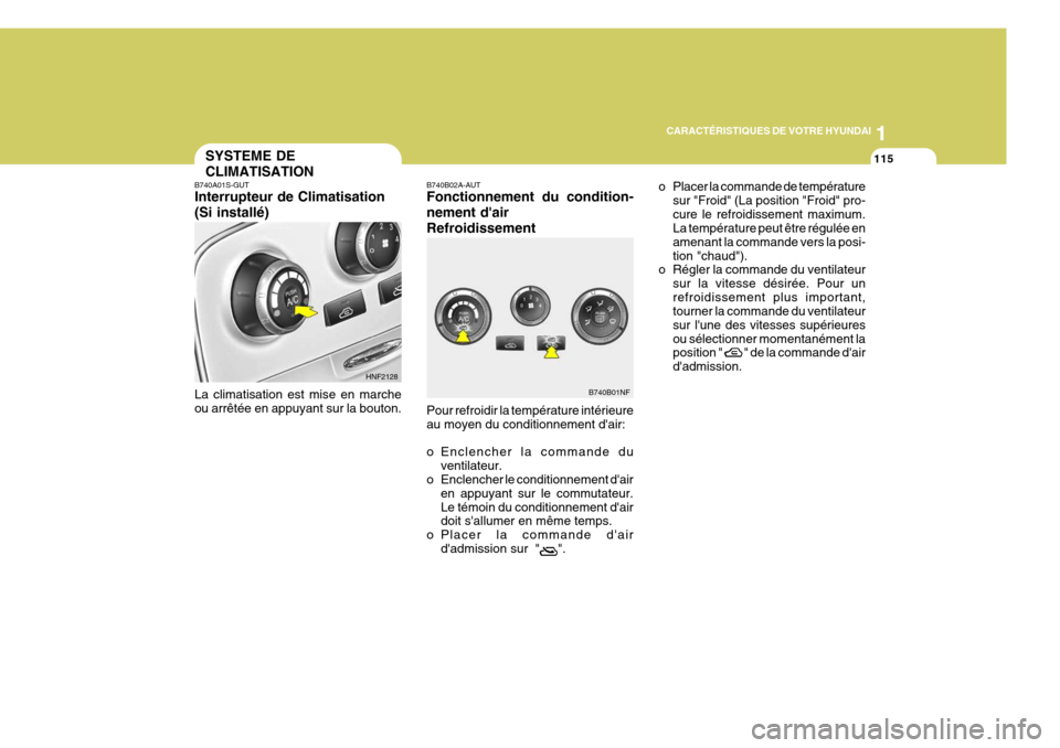 Hyundai Sonata 2006  Manuel du propriétaire (in French) 1
CARACTÉRISTIQUES DE VOTRE HYUNDAI
115
HNF2128
B740B01NFo Placer la commande de température
sur "Froid" (La position "Froid" pro- cure le refroidissement maximum. La température peut être régul�