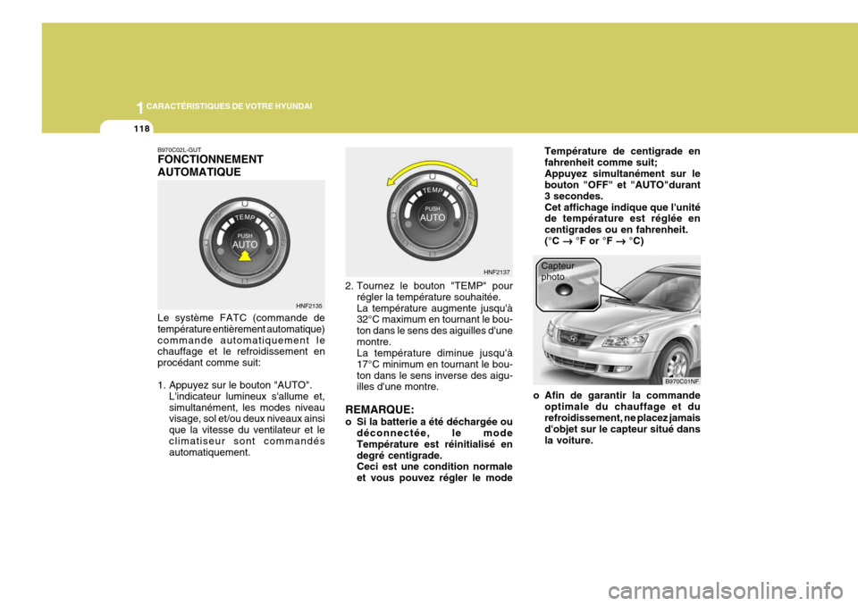 Hyundai Sonata 1CARACTÉRISTIQUES DE VOTRE HYUNDAI
118
B970C02L-GUT FONCTIONNEMENT AUTOMATIQUE Le système FATC (commande de température entièrement automatique)commande automatiquement le chauffage et le refroidi Hyundai Sonata 1CARACTÉRISTIQUES DE VOTRE HYUNDAI
118
B970C02L-GUT FONCTIONNEMENT AUTOMATIQUE Le système FATC (commande de température entièrement automatique)commande automatiquement le chauffage et le refroidi