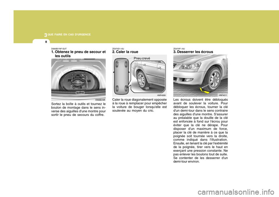 Hyundai Sonata 3QUE FAIRE EN CAS DURGENCE
8
D060B01NF HNF4009
D060B01NF-GUT
1. Obtenez le pneu de secour et
les outils
Sortez la boîte à outils et tournez le
boulon de montage dans le sens in- verse des aiguille Hyundai Sonata 3QUE FAIRE EN CAS DURGENCE
8
D060B01NF HNF4009
D060B01NF-GUT
1. Obtenez le pneu de secour et
les outils
Sortez la boîte à outils et tournez le
boulon de montage dans le sens in- verse des aiguille
