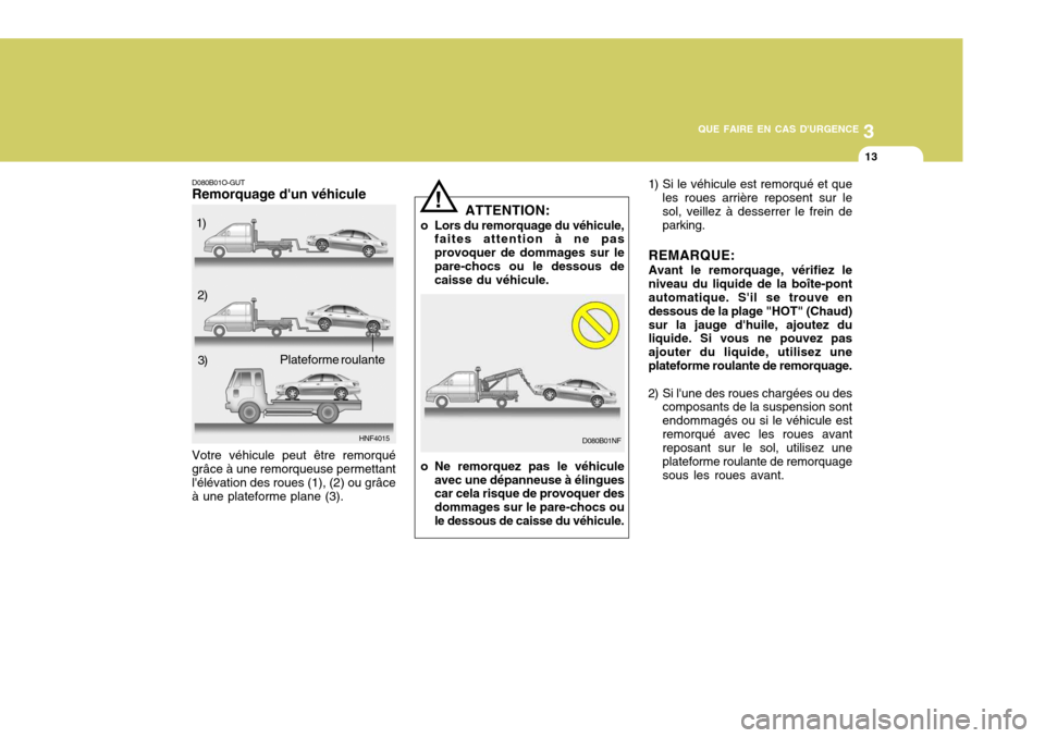 Hyundai Sonata 2006  Manuel du propriétaire (in French) 3
QUE FAIRE EN CAS DURGENCE
13
ATTENTION:
o Lors du remorquage du véhicule, faites attention à ne pas provoquer de dommages sur lepare-chocs ou le dessous de caisse du véhicule. 1) Si le véhicule