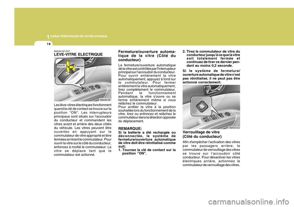 Hyundai Sonata 2006  Manuel du propriétaire (in French) 1CARACTÉRISTIQUES DE VOTRE HYUNDAI
18
B060A01NF-GUT LEVE-VITRE ELECTRIQUE Les lève-vitres électriques fonctionnent quand la clé de contact se trouve sur la position "ON". Les interrupteursprincipa