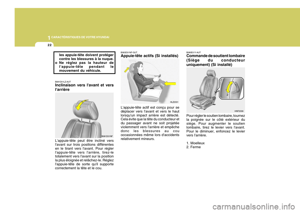 Hyundai Sonata 2006  Manuel du propriétaire (in French) 1CARACTÉRISTIQUES DE VOTRE HYUNDAI
22
B080E01Y-AUT Commande de soutient lombaire (Siège du conducteuruniquement) (Si installé) Pour régler le soutien lombaire, tournez la poignée sur le côté ex