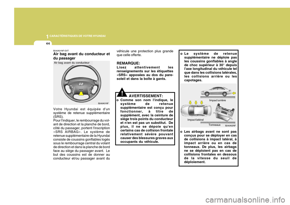 Hyundai Sonata 1CARACTÉRISTIQUES DE VOTRE HYUNDAI
44
!
véhicule une protection plus grande que celle offerte. REMARQUE: Lisez attentivement les renseignements sur les étiquettes «SRS» apposées au dos du pare- 