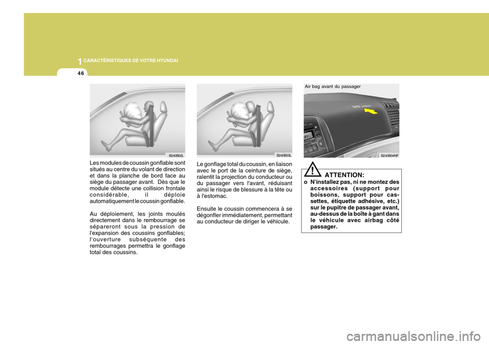 Hyundai Sonata 2006  Manuel du propriétaire (in French) 1CARACTÉRISTIQUES DE VOTRE HYUNDAI
46
B240B03L
B240B02L
Les modules de coussin gonflable sont situés au centre du volant de directionet dans la planche de bord face au siège du passager avant.  Dè