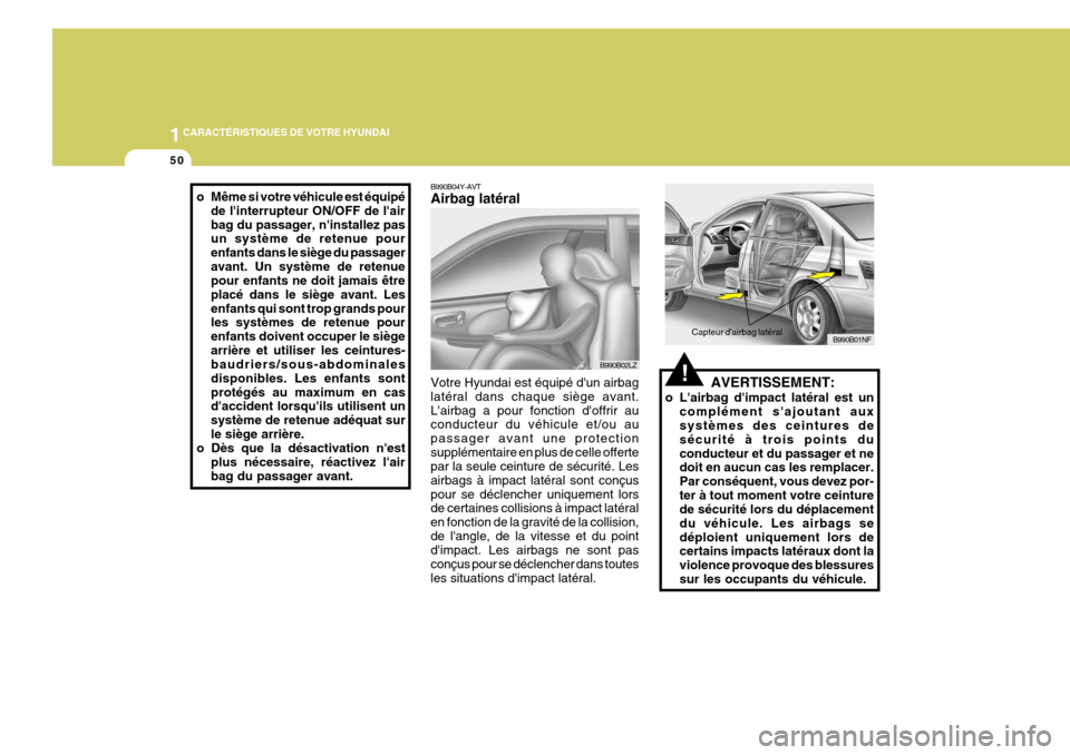 Hyundai Sonata 2006  Manuel du propriétaire (in French) 1CARACTÉRISTIQUES DE VOTRE HYUNDAI
50
!AVERTISSEMENT:
o Lairbag dimpact latéral est un complément sajoutant aux systèmes des ceintures de sécurité à trois points duconducteur et du passager 
