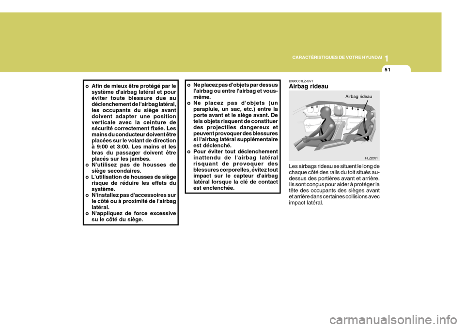 Hyundai Sonata 2006  Manuel du propriétaire (in French) 1
CARACTÉRISTIQUES DE VOTRE HYUNDAI
51
o Afin de mieux être protégé par le
système dairbag latéral et pour éviter toute blessure due audéclenchement de lairbag latéral, les occupants du si�