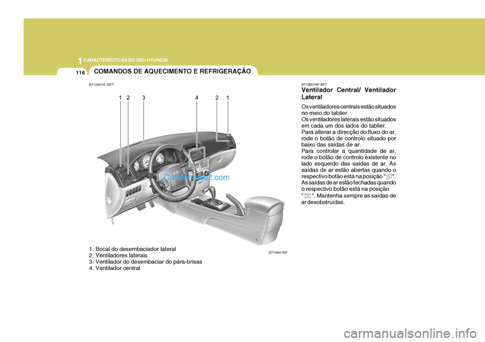 Hyundai Sonata 1CARACTERÍSTICAS DO SEU HYUNDAI
116COMANDOS DE AQUECIMENTO E REFRIGERAÇÃO
1. Bocal do desembaciador lateral
2. Ventiladores laterais
3. Ventilador do desembaciar do pára-brisas
4. Ventilador ce Hyundai Sonata 1CARACTERÍSTICAS DO SEU HYUNDAI
116COMANDOS DE AQUECIMENTO E REFRIGERAÇÃO
1. Bocal do desembaciador lateral
2. Ventiladores laterais
3. Ventilador do desembaciar do pára-brisas
4. Ventilador ce