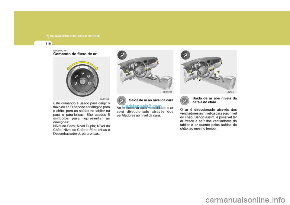 Hyundai Sonata 1CARACTERÍSTICAS DO SEU HYUNDAI
118
B670D01L-APT Comando do fluxo de ar Este comando é usado para dirigir o fluxo do ar. O ar pode ser dirigido para o chão, para as saídas no tablier oupara o pár Hyundai Sonata 1CARACTERÍSTICAS DO SEU HYUNDAI
118
B670D01L-APT Comando do fluxo de ar Este comando é usado para dirigir o fluxo do ar. O ar pode ser dirigido para o chão, para as saídas no tablier oupara o pár