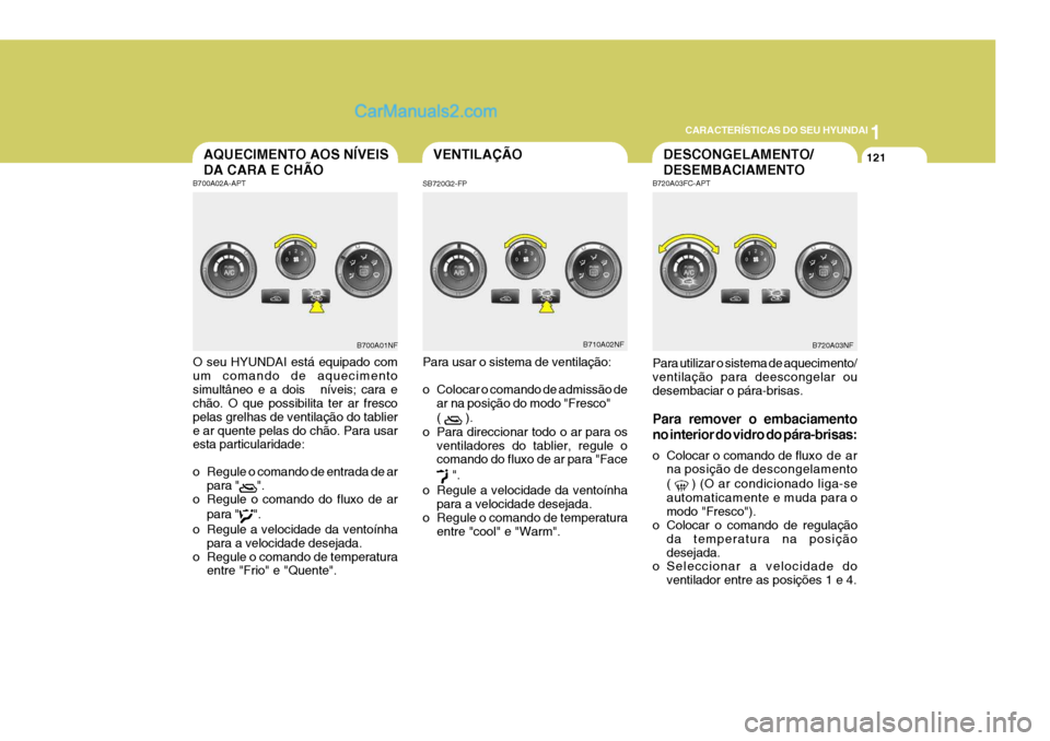 Hyundai Sonata 1
CARACTERÍSTICAS DO SEU HYUNDAI
121VENTILAÇÃO
SB720G2-FP Para usar o sistema de ventilação:
o Colocar o comando de admissão de ar na posição do modo "Fresco" (
).
o Para direccionar todo o Hyundai Sonata 1
CARACTERÍSTICAS DO SEU HYUNDAI
121VENTILAÇÃO
SB720G2-FP Para usar o sistema de ventilação:
o Colocar o comando de admissão de ar na posição do modo "Fresco" (
).
o Para direccionar todo o
