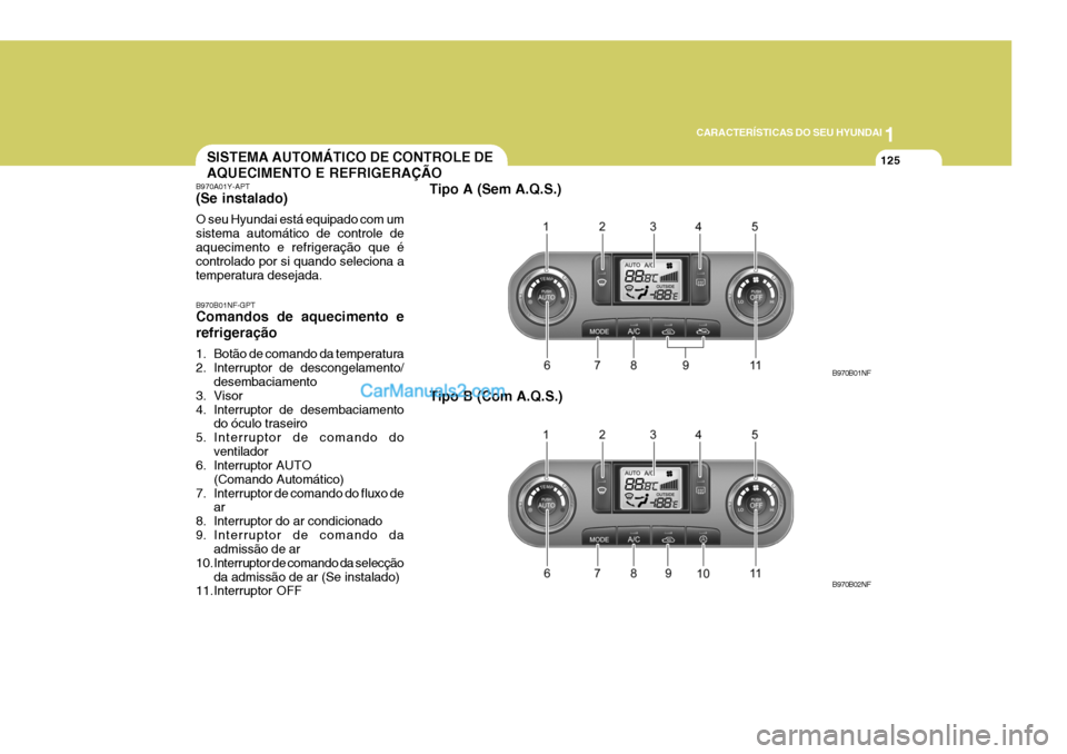 Hyundai Sonata 1
CARACTERÍSTICAS DO SEU HYUNDAI
125SISTEMA AUTOMÁTICO DE CONTROLE DE AQUECIMENTO E REFRIGERAÇÃO
B970A01Y-APT (Se instalado) O seu Hyundai está equipado com um sistema automático de controle dea Hyundai Sonata 1
CARACTERÍSTICAS DO SEU HYUNDAI
125SISTEMA AUTOMÁTICO DE CONTROLE DE AQUECIMENTO E REFRIGERAÇÃO
B970A01Y-APT (Se instalado) O seu Hyundai está equipado com um sistema automático de controle dea