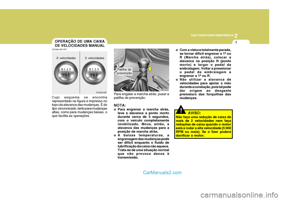 Hyundai Sonata 2
QUE FAZER NUMA EMERGÊNCIA
7
!
Para engatar a marcha atrás, puxar a patilha de prevenção. NOTA:
o Para engrenar a marcha atrás,
leve a alavanca a ponto morto durante cerca de 3 segundos, com o Hyundai Sonata 2
QUE FAZER NUMA EMERGÊNCIA
7
!
Para engatar a marcha atrás, puxar a patilha de prevenção. NOTA:
o Para engrenar a marcha atrás,
leve a alavanca a ponto morto durante cerca de 3 segundos, com o