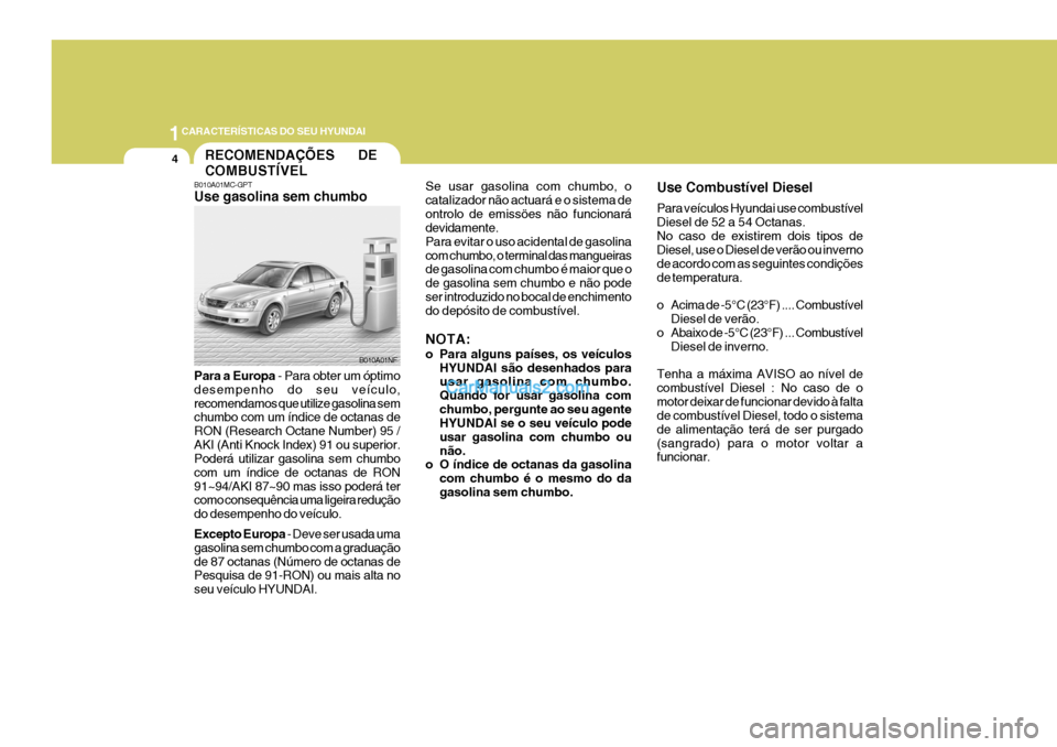 Hyundai Sonata 1CARACTERÍSTICAS DO SEU HYUNDAI
4
B010A01MC-GPT Use gasolina sem chumbo Para a Europa
- Para obter um óptimo
desempenho do seu veículo, recomendamos que utilize gasolina sem chumbo com um índice Hyundai Sonata 1CARACTERÍSTICAS DO SEU HYUNDAI
4
B010A01MC-GPT Use gasolina sem chumbo Para a Europa
- Para obter um óptimo
desempenho do seu veículo, recomendamos que utilize gasolina sem chumbo com um índice